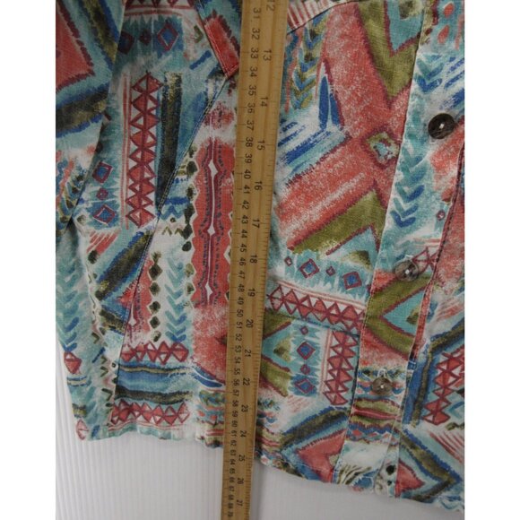 VINTAGE Click CMC Top XS Linen Shirt Abstract Southwestern Aztec 90s - Picture 4 of 10